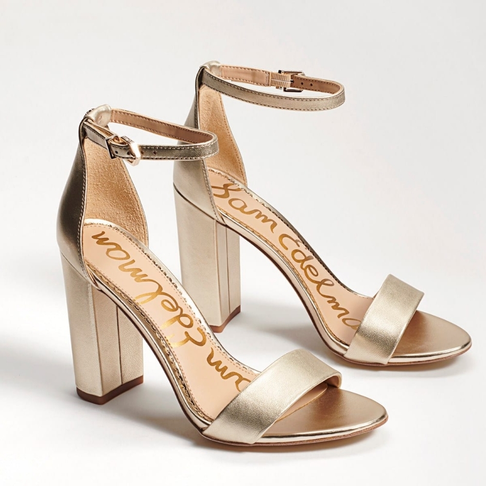 New in original box, Sam Edelman Yaro light gold leather block heels, size 10